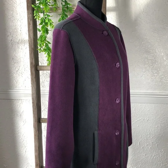 Susan Graver Fleece Purple Gray Long Button Up Coat Color. Block Trench Coat - Picture 5 of 16